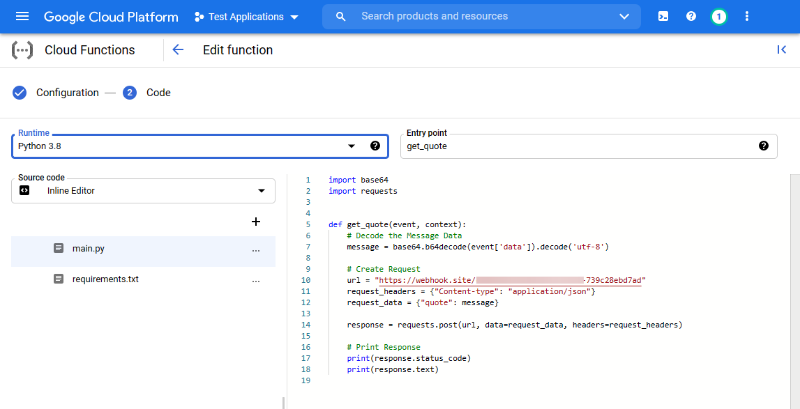 Cloud function code block