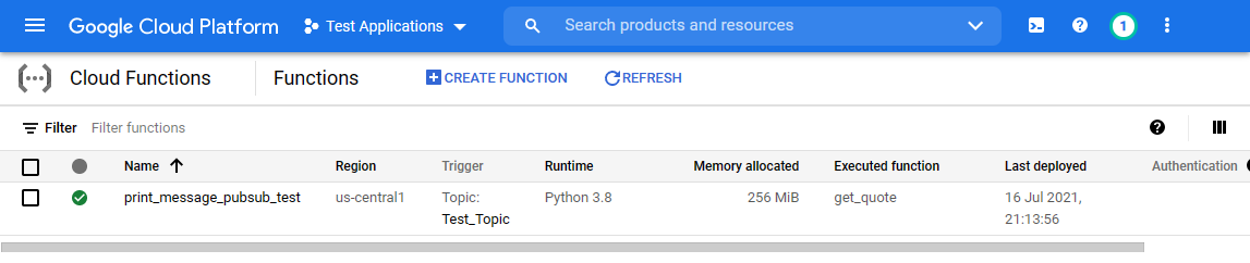 Test Topic as the trigger for the function